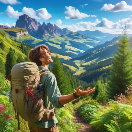 Randonneur profitant d'un sentier en montagne avec ciel bleu et verdure luxuriante