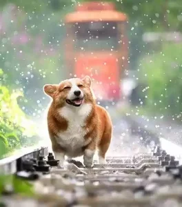 chien sous le pluie qui fait de la randonnée