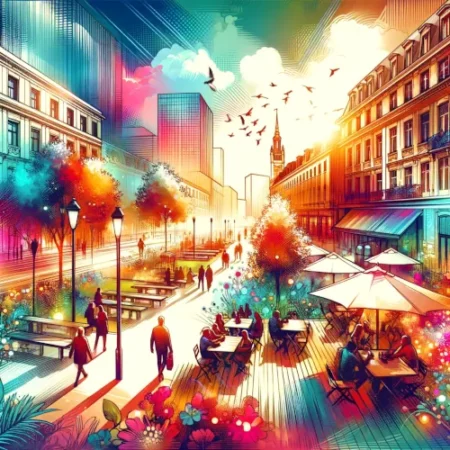 Représentation dynamique et colorée de la vie urbaine animée à Lille, France, axée sur les activités de plein air