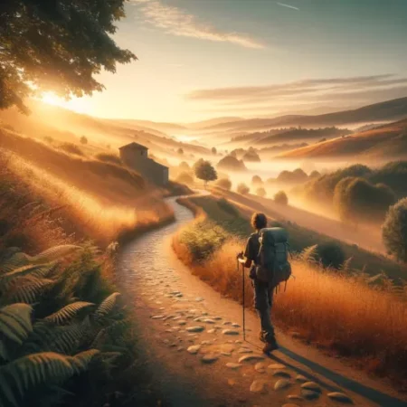Scène paisible et inspirante du Camino de Santiago, montrant un pèlerin marchant sur un sentier pittoresque