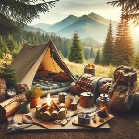 Scène de camping confortable et accueillante, idéale pour un trek de plusieurs jours