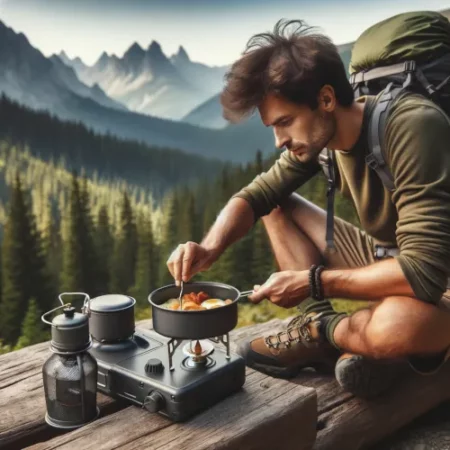 Un randonneur préparant un repas en pleine nature avec un réchaud de camping portable, sur fond de montagnes et de forêt