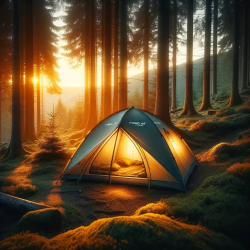 Une scène de forêt paisible au crépuscule avec une tente Forclaz MT900 installée parmi les arbres, éclairée de l'intérieur