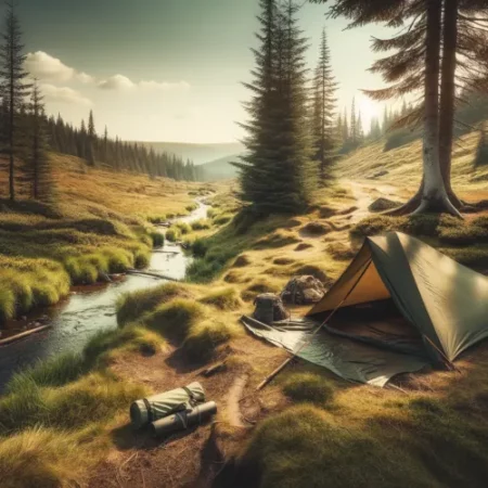 Une scène de camping tranquille dans la nature, avec une tente et un tarp montés près d'un petit cours d'eau