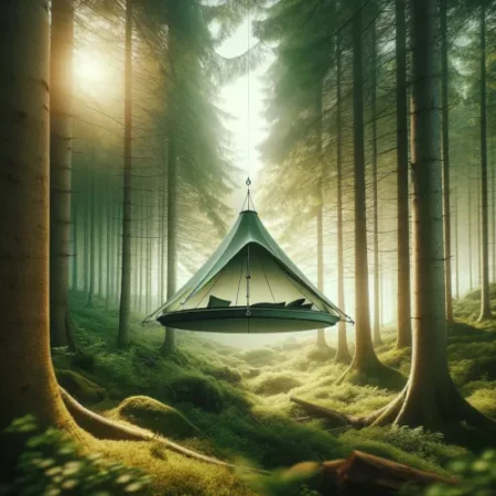 Un cadre forestier serein avec une tente suspendue entre les arbres, conçue pour les aventures en plein air