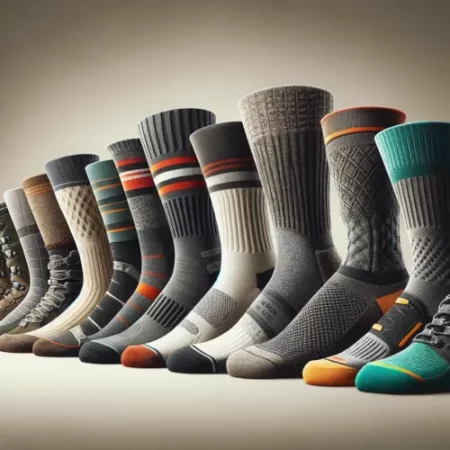 Différents types de chaussettes de randonnée exposés, mettant en valeur divers matériaux et longueurs adaptés à diverses conditions de randonnée