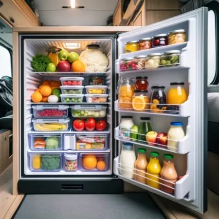 Un frigo de camping-car bien organisé, montrant divers compartiments avec des aliments comme des fruits, légumes, produits laitiers et boissons