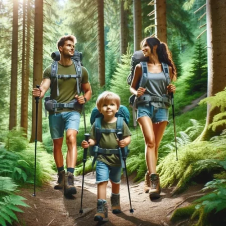 Une famille en randonnée dans une forêt verdoyante, équipée de matériel adapté aux enfants, avec un enfant portant un sac à dos confortable et utilisant des bâtons de trek