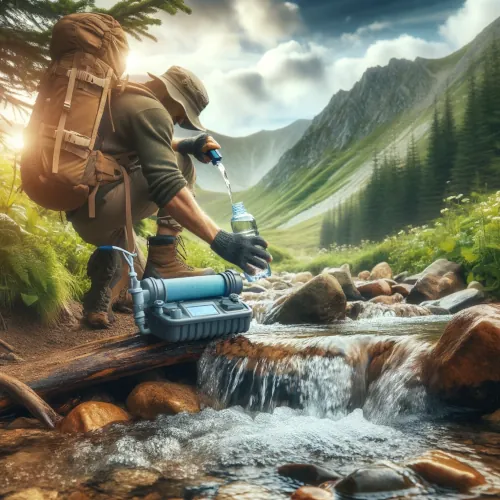 Un randonneur utilisant un dispositif de purification d'eau près d'un ruisseau en pleine nature