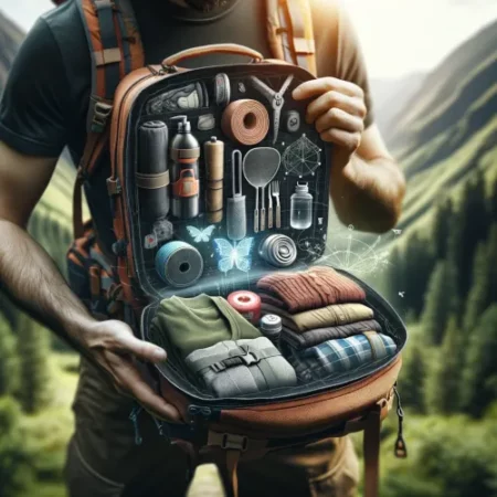 Un randonneur montrant un sac à dos organisé pour la randonnée, avec des articles comme des vêtements, du matériel de cuisine, une trousse de premiers secours et une bouteille d'eau, rangés de manière efficace