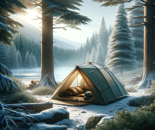 Scène de camping paisible en forêt avec une tente 4 saisons conçue pour des aventures en plein air toute l'année