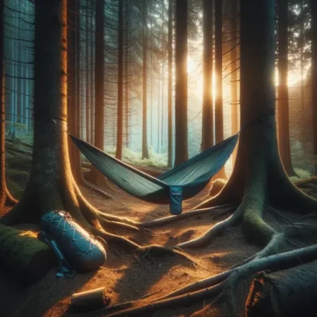 Une scène forestière paisible au crépuscule avec un hamac installé entre deux arbres, conçu pour le trekking et le bivouac