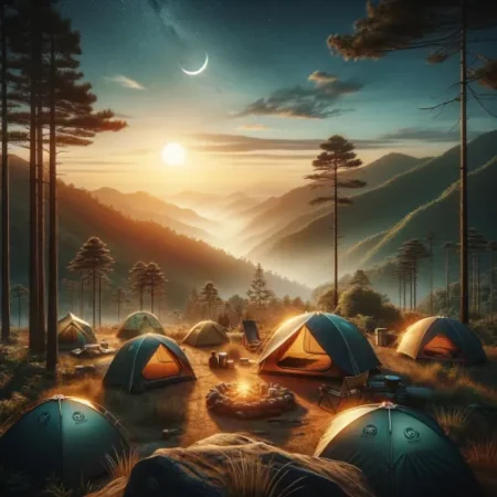 Un site de camping paisible en pleine nature avec diverses tentes MSR installées, montrant des tentes de différentes tailles et conceptions adaptées au trekking solo et duo