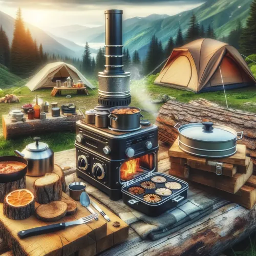 Une scène de camping montrant divers poêles à bois adaptés au camping, à la randonnée et au bivouac, dans un cadre extérieur
