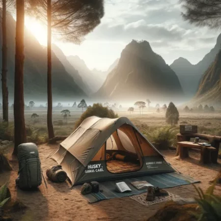 Une scène de camping montrant la tente Husky Sawaj Camel 2 installée dans un cadre naturel, conçue pour le trekking et le bivouac