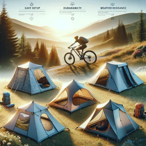 Une variété de tentes légères et compactes adaptées au bikepacking, exposées dans un cadre extérieur