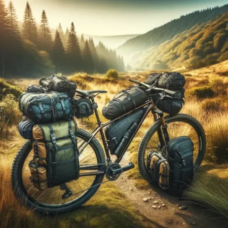 Vélo équipé de sacoches de bikepacking, prêt pour l'aventure