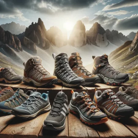 Différents modèles de chaussures d'approche pour la randonnée et l'escalade, disposés en extérieur avec des montagnes en arrière-plan, illustrant les caractéristiques de confort, d'adhérence, de durabilité et de polyvalence.