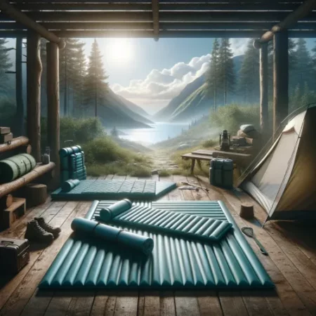 Une scène de camping paisible avec une variété de matelas de couchage adaptés au trekking et au bivouac, exposés dans un cadre naturel extérieur