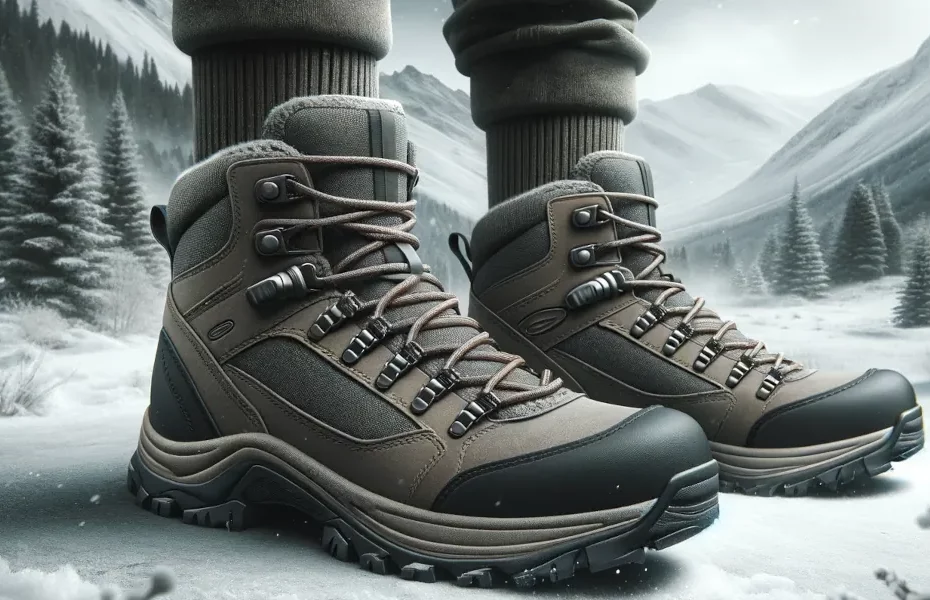 Chaussures de randonnée d'hiver robustes sur fond de paysage enneigé, idéales pour trekking et aventures en montagne