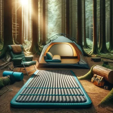 Un campement confortable en forêt, mettant l'accent sur un matelas de randonnée dans une tente