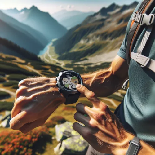 Un randonneur utilisant une montre GPS Garmin dans un terrain montagneux, affichant une carte et des données de navigation