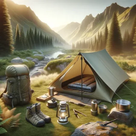 Un campement ultra-léger dans un cadre naturel pittoresque avec tente, sac à dos, bottes de randonnée, cuisinière et sac de couchage