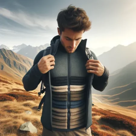Un randonneur ajustant sa veste hardshell pour montrer les couches de vêtements en dessous sur un sentier de montagne