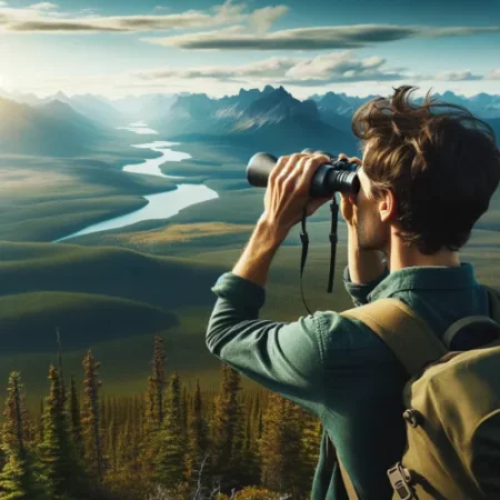 Un randonneur utilisant des jumelles pour observer le paysage depuis un point de vue élevé