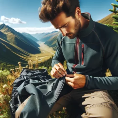 Un randonneur portant une veste softshell, réparant soigneusement une petite déchirure tout en étant assis dans un paysage montagneux pittoresque