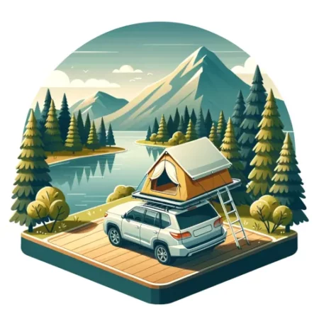 Scène de camping avec une tente de toit montée sur une voiture dans un cadre naturel pittoresque