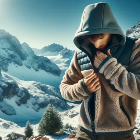 Un randonneur dans un paysage montagneux hivernal, portant une veste polaire et ajustant ses couches pour rester au chaud