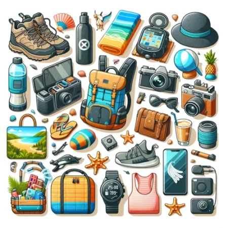 Image montrant divers cadeaux de voyage, y compris des équipements pour randonneurs, des accessoires de plage et des gadgets pour explorateurs urbains.