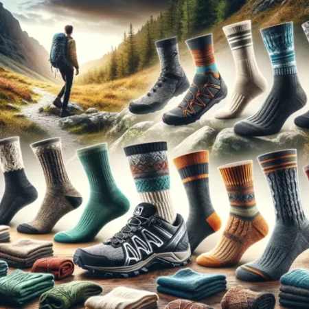 Image de chaussettes de randonnée adaptées pour une utilisation avec des chaussures Salomon, montrant différents types et épaisseurs.