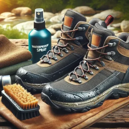 Image montrant des chaussures de randonnée imperméables en cours de nettoyage, avec une brosse et un produit d'imperméabilisation.