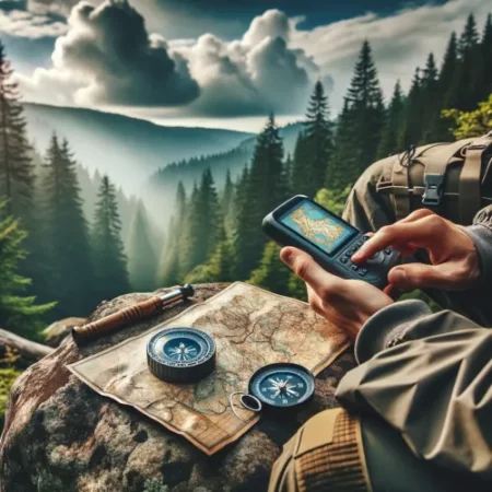 Illustration d'un randonneur consultant un GPS avec une carte et une boussole à côté, en pleine nature.