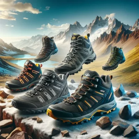 Image de différentes chaussures Lowa adaptées à diverses conditions de randonnée, incluant des terrains rocheux, enneigés et estivaux.