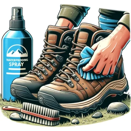 Illustration montrant l'entretien des chaussures de randonnée Meindl, avec une brosse et un produit d'imperméabilisation.