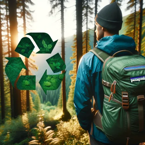 Un randonneur portant une veste hardshell Patagonia dans une forêt, avec un symbole de recyclage intégré au paysage