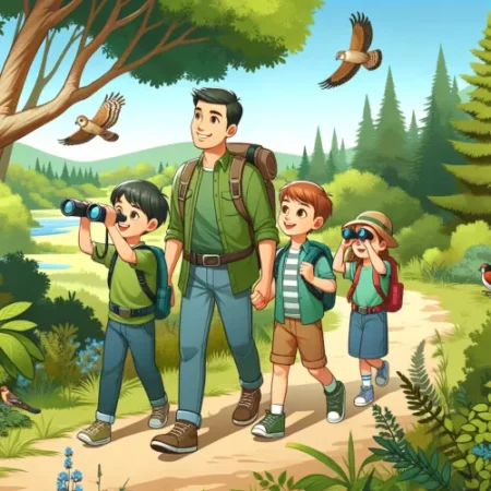 Une famille de quatre personnes, deux adultes et deux enfants, randonnant joyeusement sur un sentier forestier facile, avec un enfant pointant un oiseau et l'autre utilisant des jumelles.