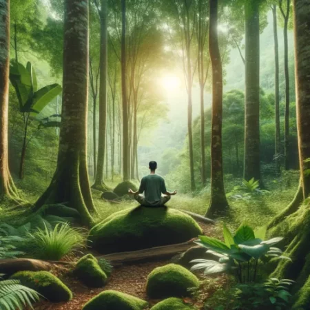Une personne méditant paisiblement sur un rocher au milieu d'une forêt verdoyante, sous une lumière douce filtrant à travers les arbres.