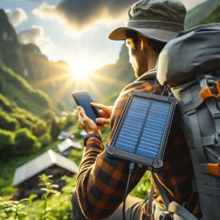 Un randonneur fixant un chargeur solaire portable à son sac à dos, dans un cadre de randonnée verdoyant sous un ciel clair.
