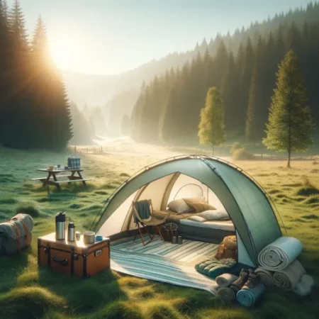 Campement paisible avec une tente Elixir MSR installée sur un terrain plat près d'une forêt, au lever du soleil, illustrant des pratiques de camping responsables.
