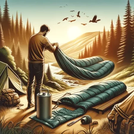Un randonneur aérant son sac de couchage près d'une tente, dans un cadre naturel avec des arbres et un ciel dégagé.