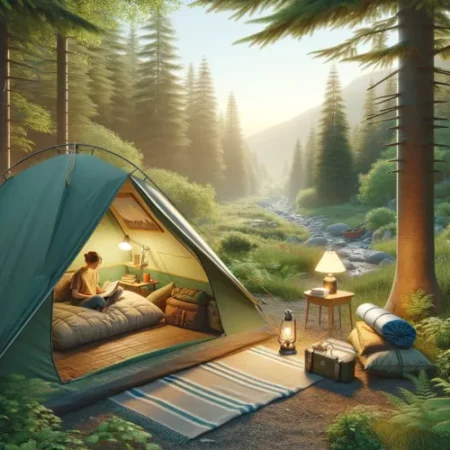 Une personne confortablement installée dans une tente en forêt, lisant un livre à la lueur d'une lampe, entourée d'un cadre forestier paisible.