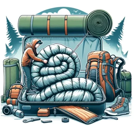 Un randonneur comprimant efficacement un sac de couchage Sea To Summit Spark SPII dans son sac à dos, avec un équipement de camping en arrière-plan.