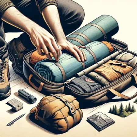 Un randonneur organisant soigneusement un sac à dos léger avec des équipements essentiels comme un sac de couchage compact et une petite tente, dans un cadre extérieur.
