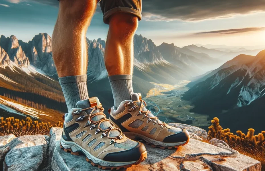 Randonneur portant les dernières chaussures de marche nordique surplombant un paysage montagneux époustouflant