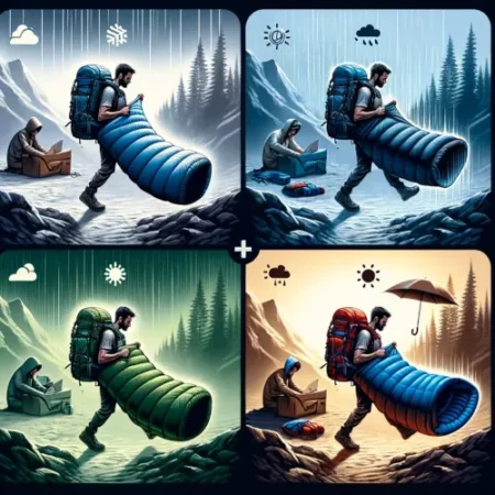 Une image montrant un randonneur utilisant le sac de couchage Thermarest Hyperion dans diverses conditions climatiques, avec quatre quadrants illustrant différents usages selon le climat.