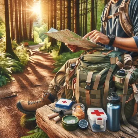 Un randonneur vérifiant son sac à dos et lisant une carte en forêt, avec équipement, bouteille d'eau, en-cas et trousse de premiers secours.